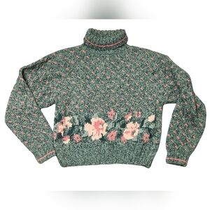 Vtg Paris Sport Club Women Mint Green & Pink Floral Turtleneck Knit Sweater Sz S